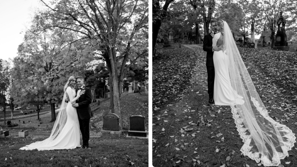 Bride and groom posing at Glenwood Cemetery
