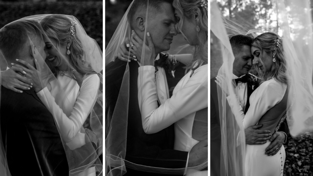 Bride and groom under veil