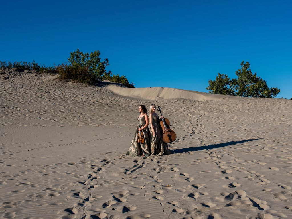 County Strings violinist and cellist photographed at the Dunes in Prince Edward County.