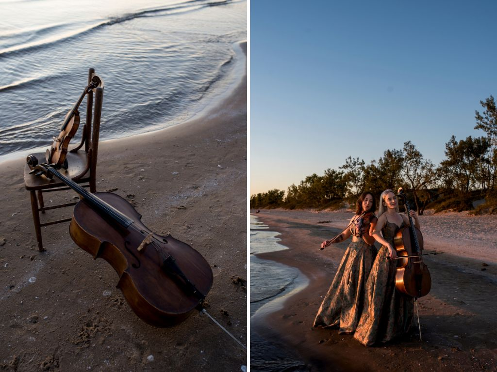 County Strings instruments on a chair on the shores of Sandbanks Provincial Park